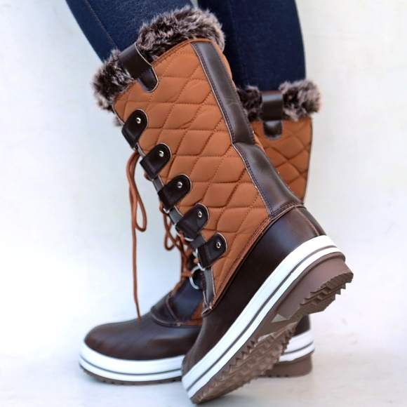 New Tan Quilted Lace Up Weatherproof Snow Boots - Picture 2 of 3